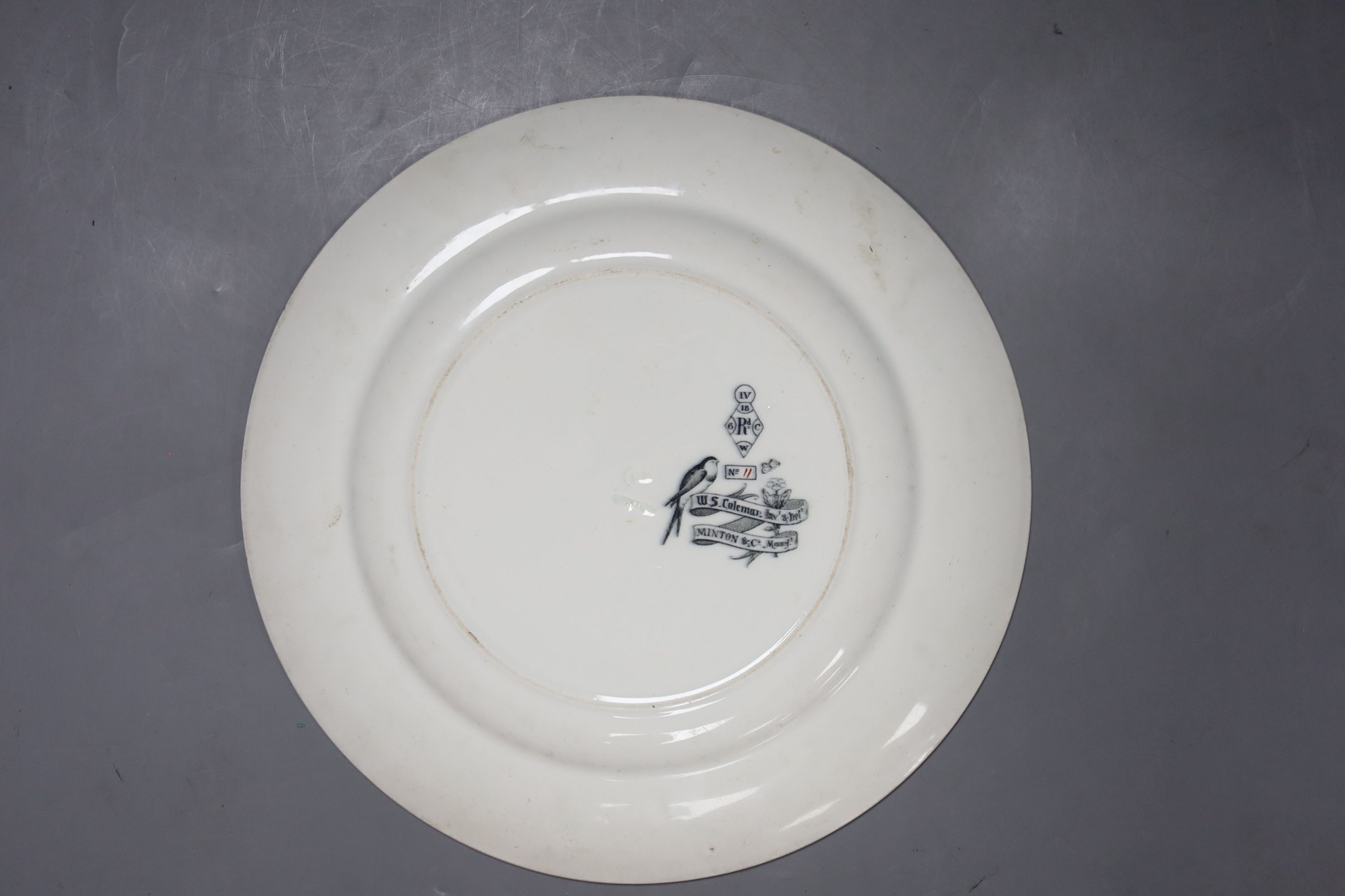 A Masons patent ironstone Imari pattern meat dish, 47cm, four plates and a Minton WS Coleman duck plate